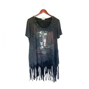Vocal Black Fringe Studded Western Graphic Tunic